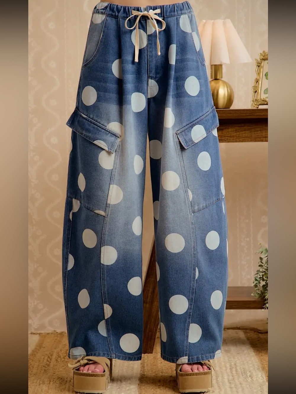 BiBi Blue Polka Dot Wide-Leg Cargo Jeans